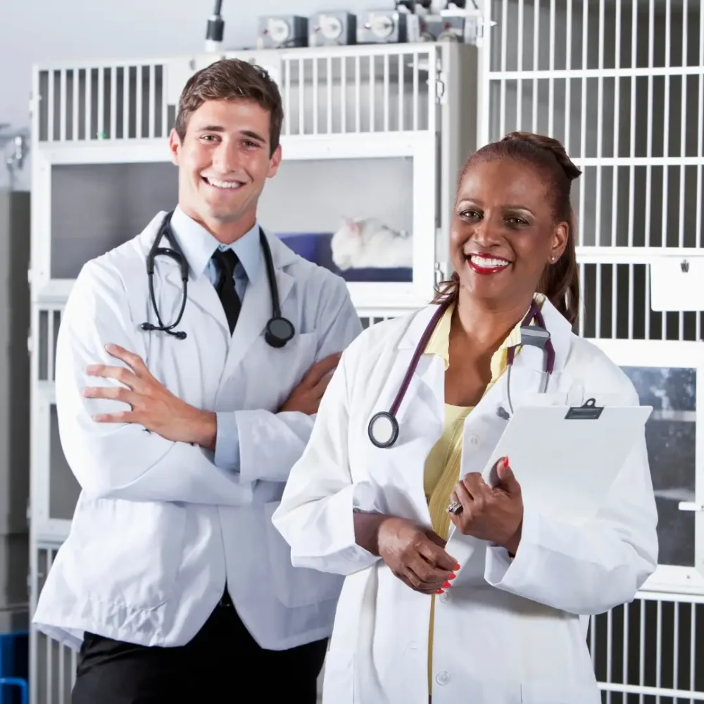 two happy veterinarians smiling and taking care of animals after surgery