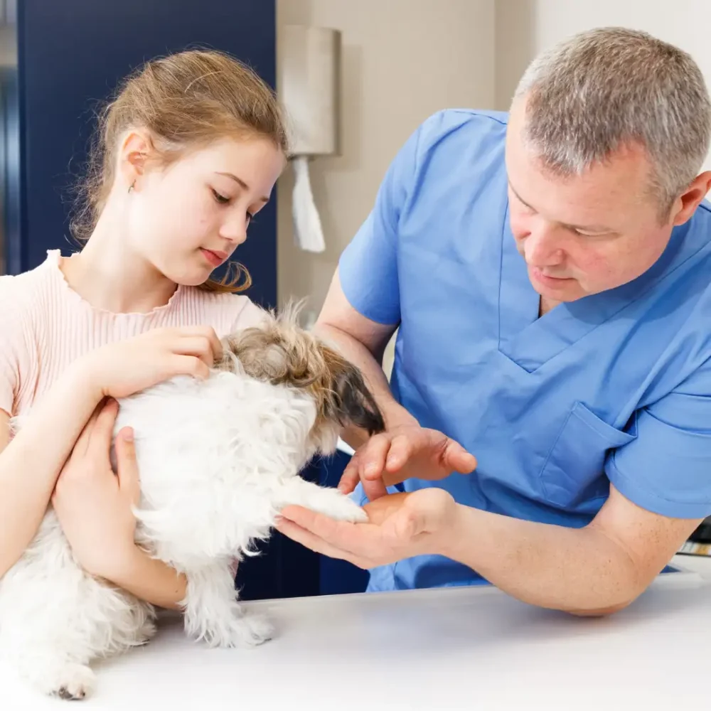 veterinarian with girl and dog